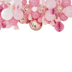 DEKORAČNÍ sada s balónky, střapci, rozetami a dekoračními koulemi růžová