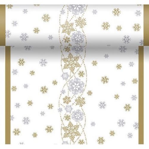 Šerpa stolová Dunicel bílá s vločkami Snow Glitter 40 cm x 4,8 m