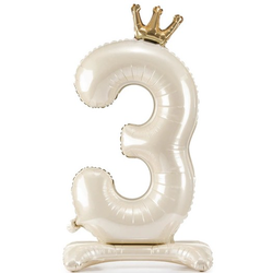 Balónek fóliový Stojací číslo 3 s korunkou světle krémový 84 cm