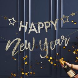 SILVESTROVSKÝ BANNER Happy New Year glitrový zlatý