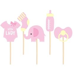 Zápichy na dort a cupcakes Baby Shower Slon růžový 5 ks