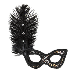Maska karnevalová černá leopardí s peřím