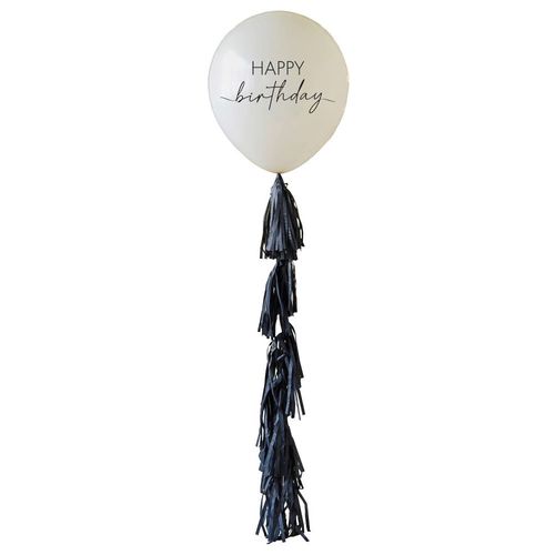 Balón latexový Happy Birthday se střapcovým ocasem tělová/černá 60 cm