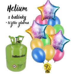 Helium s balónky - helium + 3x folie HB duha, 9 balónků duhový mix, těžítko