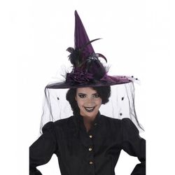 Halloween - Klobouk Čarodějnický Delux, černo-fialový s peřím