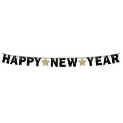 Girlanda papírová Happy New Year černá, zlaté hvězdy, 180 cm