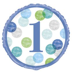 BALÓNEK fóliový 1. narozeniny modrý s puntíky